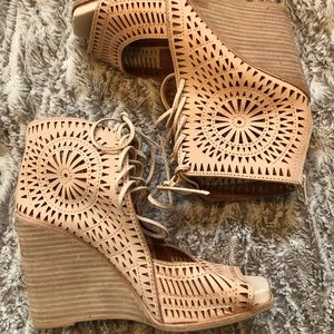 Laser-etched Leather Wedge Booties